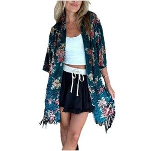 Blue Velvet Burnout Fringe Kimono Womens 3X Fairy Whimsigoth Boho Gothic Witchy